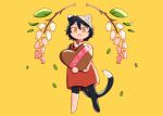  1girl :&lt; acatoner animal_ears bare_shoulders barefoot black_fur black_hair body_fur candy cat_ears cat_girl cat_tail chibi chocolate choker closed_mouth dated dress dungeon_meshi english_commentary falling_leaves flower food full_body heart heart-shaped_chocolate highres holding holding_food izutsumi leaf looking_at_viewer mismatched_animal_ear_colors red_dress short_hair simple_background sleeveless sleeveless_dress solo standing tail valentine yellow_background yellow_eyes 