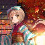  1girl autumn_leaves blue_kimono blue_ribbon blunt_bangs blurry blush bow breasts brown_eyes brown_hair brown_sash cherry_blossom_print closed_mouth depth_of_field dot_nose falling_feathers feathers floating_hair floral_print floral_print_kimono from_side hair_bow hair_ribbon highres idolmaster idolmaster_cinderella_girls idolmaster_cinderella_girls_starlight_stage japanese_clothes kimono lamp leaf long_hair long_sleeves looking_at_viewer maple_leaf maple_tree mochizuki_yomogi obi ponytail print_sash red_ribbon red_sash ribbon sash small_breasts smile solo striped_clothes striped_kimono tree upper_body very_long_hair wide_sleeves yorita_yoshino 
