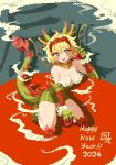  1girl 2024 :d apple bare_shoulders blonde_hair blush breasts claws commentary_request dragon_girl dragon_horns dragon_tail dress food freckles fruit full_body green_dress green_eyes happy_new_year holding holding_food holding_fruit horns looking_at_viewer medium_breasts open_mouth original pixel_art shiny_skin shirosu short_hair smile smoke solo strapless strapless_dress tail 