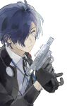 1boy black_gloves black_jacket black_ribbon blue_eyes blue_hair closed_mouth collared_shirt commentary_request evoker gloves gun hair_over_one_eye headphones headphones_around_neck holding holding_gun holding_weapon jacket long_hair looking_at_viewer male_focus neck_ribbon open_clothes open_jacket persona persona_3 persona_3_reload ribbon s.e.e.s sera_prsn shirt short_hair simple_background solo swept_bangs twitter_username upper_body weapon white_background white_shirt yuuki_makoto_(persona_3) 