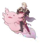  1boy animal aristocratic_clothes armor axolotl black_armor blonde_hair cape circlet fire_emblem fire_emblem_fates highres light_smile male_focus oversized_animal red_eyes riding shoulder_armor sparkle sword ultrablueanya weapon white_background xander_(fire_emblem) 