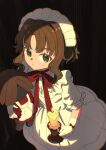  1girl absurdres bow bow_choker brown_hair candle doll dress eagle_(reverse:1999) gloves green_eyes highres holding holding_candle holding_doll maid_headdress medium_hair official_alternate_costume red_bow reverse:1999 sanjuqing&#039;an solo sweatdrop white_dress white_gloves 