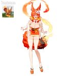 1girl absurdres animal_ears breasts collar fangs fire flame-tipped_tail fox fox_ears fox_girl fox_mask fox_tail foxparks highres large_breasts looking_at_viewer mask open_mouth orange_fur orange_hair pal_(creature) palworld personification red_eyes simple_background smile solo tail white_background wonbin_lee 