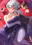  1girl alternate_breast_size bare_shoulders blue_archive blush breasts cake cleavage cup dress earrings elbow_gloves food gloves grin hair_ribbon highres hina_(blue_archive) hina_(dress)_(blue_archive) horns jewelry kawai_(purplrpouni) looking_at_viewer lying medium_breasts medium_hair multiple_horns necklace on_back pantyhose plate purple_dress purple_eyes purple_gloves purple_pantyhose ribbon smile solo swept_bangs teacup thighs white_hair 