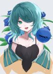  1girl black_negligee blue_flower blue_rose breasts cleavage eyeball flower green_eyes green_hair hair_over_one_eye heart heart-shaped_pupils highres komeiji_koishi kuro_wa_shinoru leaf looking_at_viewer negligee open_mouth partially_undressed rose shirt small_breasts smile solo strap_slip symbol-shaped_pupils third_eye touhou yellow_shirt 