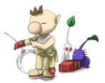  1boy backpack bag big_nose black_eyes brown_hair closed_eyes colored_skin commentary_request dressing full_body gloves helmet leaf naru_(wish_field) no_mouth olimar patch pikmin_(creature) pikmin_(series) pointy_ears purple_hair purple_pikmin purple_skin radio_antenna red_bag red_eyes red_gloves shadow short_hair simple_background single_bare_arm single_bare_shoulder solid_circle_eyes space_helmet spacesuit tank_top very_short_hair white_background white_pikmin white_skin white_tank_top 
