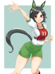  1girl animal_ears arm_up black_hair black_socks character_name clenched_hand commentary ear_ornament green_background green_shorts gym_shirt gym_shorts gym_uniform hair_ornament hairclip highres horse_ears horse_girl kemuri_(etep3372) kneehighs looking_at_viewer open_mouth race_bib red_eyes shirt short_hair short_sleeves shorts smile socks solo standing t-shirt translated umamusume white_shirt winning_ticket_(umamusume) 