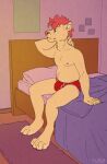 anthro bed bedroom briefs clothing felid floyote furniture hair hi_res lion male mammal messy_hair nipples pantherine red_clothing red_underwear solo tired underwear waking_up