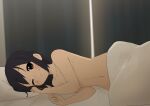  1girl absurdres bed black_hair blush brown_eyes completely_nude hair_down highres k-on! kicchi_(tmgk) long_hair looking_at_viewer lying nakano_azusa navel nude on_bed on_side one_eye_closed pillow solo under_covers 