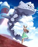  1girl bow bowtie brown_hair closed_mouth cloud commentary_request day dress floating_hair from_below green_dress hair_bobbles hair_ornament hand_up highres jacket jasmine_(pokemon) knees lighthouse long_hair meiji_ken orange_bow orange_bowtie outdoors pokemon pokemon_(creature) pokemon_hgss sky stairs standing steelix two_side_up white_jacket 