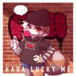 absurd_res anthro arcanis_(hahaluckyme) beanie blowing_bubble_gum blush calico_cat clothed clothing domestic_cat felid feline felis fully_clothed fur graffiti graffiti_on_wall grey_body grey_fur hair hand_on_hip hat headgear headwear hi_res hoodie jupiter_europe looking_at_viewer mammal paint red_eyes spray_paint topwear white_body white_fur white_hair yellow_body yellow_fur
