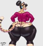 2024 absurd_res anthro big_butt biped black_hair breasts butt cc-by-nc-nd cheetah clothed clothing creative_commons dipstick_ears felid feline female hair hi_res huge_butt looking_at_viewer looking_back looking_back_at_viewer mammal multicolored_ears plankboy rear_view solo tail thick_thighs