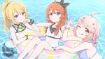  3girls :q \m/ afloat ahoge armpits bangle bead_bracelet beads bikini black_hairband blonde_hair blush bow_hairband bracelet braid breasts chieru_(princess_connect!) chloe_(princess_connect!) collarbone crown_braid feet_out_of_frame fujiyama_(yellow) hair_ornament hair_ribbon hairband jewelry long_hair looking_at_viewer multiple_girls navel one_eye_closed orange_hair pink_hair pink_innertube pink_ribbon pointy_ears ponytail princess_connect! purple_eyes ribbon scrunchie short_hair sidelocks single_braid small_breasts star_(symbol) star_in_eye swept_bangs swimsuit symbol_in_eye tongue tongue_out twin_braids wading water wet wings wrist_scrunchie yellow_eyes yuni_(princess_connect!) 