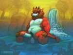 absurd_res anthro axel_(lazydergenboi) balls barefoot belly detailed_background dragon erection feet felid genitals hi_res hybrid knee_tuft leg_tuft lion looking_at_viewer male mammal mane muscular muscular_anthro muscular_male nipples nude pantherine pecs plant pubes sitting solo tail tree tuft waterfall yersonlloyd ylredroom