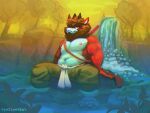 absurd_res anthro axel_(lazydergenboi) barefoot belt bottomwear clothing detailed_background feet hi_res looking_at_viewer male mane muscular muscular_anthro muscular_male nipples pants pecs plant power_pole red_eyes shirtless smile smiling_at_viewer solo tree water waterfall white_belt yellow2kat