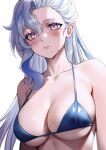  1girl absurdres blue_bra blue_hair bra breasts genderswap genderswap_(mtf) genshin_impact hair_between_eyes highres large_breasts long_hair merururuu multicolored_hair neuvillette_(genshin_impact) purple_eyes solo streaked_hair underwear white_hair 