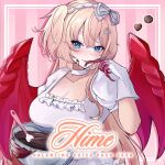  1girl blonde_hair blue_eyes bowl breasts chocolate chocolate_on_face chocolate_on_hand choker cleavage dated dragon_wings dress food food_on_face food_on_hand hime_hajime holding holding_bowl kato_yuurina large_breasts looking_at_viewer official_art one_side_up power_symbol_hair_ornament virtual_youtuber vshojo white_choker white_dress wings 