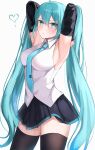  1girl absurdres aqua_eyes aqua_hair aqua_necktie armpits arms_up black_skirt black_thighhighs blush breasts collared_shirt commentary_request contrapposto cowboy_shot detached_sleeves expressionless hatsune_miku heart highres large_breasts long_hair looking_at_viewer necktie onemuikun-b pleated_skirt presenting_armpit shirt sideboob simple_background skirt sleeveless sleeveless_shirt solo thighhighs twintails very_long_hair vocaloid white_background white_shirt zettai_ryouiki 