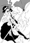  1girl belo_betty bob_cut boots cigarette cloud dborod english_commentary flag goggles goggles_on_headwear greyscale hat high_heel_boots high_heels highres holding holding_flag jacket looking_at_viewer monochrome necktie one_piece skirt smile smoke solo 