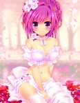  bare_shoulders between_legs blush braid breasts cherry_blossoms choker cleavage flower forest frills hair_flower hair_ornament hand_between_legs konno_kengo large_breasts light_smile long_hair looking_at_viewer midriff nature navel off_shoulder original petals pink_hair purple_eyes sarong sitting smile solo thighhighs white_legwear white_sarong 