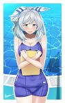  1girl :o a.nori absurdres animal_ears artist_name blue_one-piece_swimsuit border breasts cleavage commentary_request competition_school_swimsuit cowboy_shot crossed_arms ear_covers ear_ornament ear_ribbon from_side gradient_ribbon grey_eyes grey_hair highres hishi_miracle_(umamusume) holding holding_kickboard horse_ears horse_girl horse_tail hugging_object kickboard looking_at_viewer medium_breasts medium_hair nervous o-ring official_alternate_costume one-piece_swimsuit parted_bangs parted_lips pool poolside raised_eyebrows ribbon school_swimsuit simple_background single_vertical_stripe solo standing sweatdrop swept_bangs swimsuit tail tail_through_clothes thighs tracen_swimsuit umamusume white_background white_border white_ribbon yellow_ribbon 