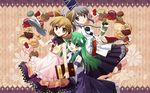  angel_french apron blush breasts brown_eyes brown_hair cake chocolate cream_puff cup dessert detached_sleeves doughnut earmuffs food french_cruller frog fruit green_eyes green_hair grey_eyes hair_ornament hat highres japanese_clothes kochiya_sanae long_hair macaron medium_breasts mononobe_no_futo multiple_girls open_mouth parfait pastry ponytail s_nyaau shirt short_hair silver_hair skirt sleeveless sleeveless_shirt slice_of_cake small_breasts smile snake strawberry strawberry_shortcake swiss_roll tate_eboshi touhou toyosatomimi_no_miko tray 