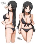  1girl absurdres akiyama_mio ass bikini bikini_top_aside black_bikini black_eyes black_hair breasts collarbone commentary_request highres k-on! large_breasts long_hair looking_at_viewer multiple_views navel nipples period_(anony_83) presenting simple_background standing sweat swimsuit translation_request white_background 
