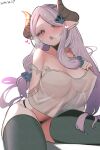  1girl absurdres bare_shoulders black_panties black_thighhighs blue_eyes breasts brown_horns collarbone commentary_request covered_nipples crop_top dondy draph granblue_fantasy hair_ornament hand_on_own_chest highres horns large_breasts looking_at_viewer narmaya_(granblue_fantasy) open_mouth panties pink_hair plump pointy_ears see-through_camisole simple_background sitting skindentation solo thighhighs underwear white_background 