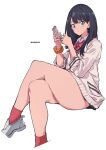  1girl aosora2823 artist_name black_hair blue_eyes bow bowtie cardigan cropped_legs crossed_legs dot_nose from_side gridman_universe hands_up highres holding holding_phone long_hair long_sleeves looking_at_viewer orange_scrunchie phone red_bow red_bowtie red_socks school_uniform scrunchie shirt simple_background sitting socks solo ssss.gridman straight_hair takarada_rikka thick_thighs thighs white_background white_cardigan white_footwear white_shirt wrist_scrunchie 