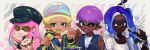  2boys 2girls afro artist_name baseball_cap black_headwear blonde_hair blue_eyes blue_hair border breasts chewing cleavage closed_mouth collarbone commentary dark-skinned_female dark-skinned_male dark_skin doughnut e-liter_4k_(splatoon) earrings eyelashes fist_bump food grey_eyes gun hat highres holding holding_food holding_gun holding_paintbrush holding_umbrella holding_weapon inkling_boy inkling_girl inkling_player_character jewelry jinkobanana large_breasts long_hair multicolored_background multicolored_clothes multicolored_headwear multicolored_sweater multiple_boys multiple_girls octoling_boy octoling_girl octoling_player_character one_eye_closed open_mouth outside_border paintbrush pink_eyes pink_hair pointy_ears purple_hair short_hair smile splat_brella_(splatoon) splatoon_(series) splatoon_3 sunglasses symbol-only_commentary teeth tentacle_hair thick_eyebrows twitter_username umbrella very_dark_skin weapon white_border yellow-framed_eyewear 