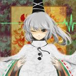  album_cover cover ginji_(sakaki_summer) grey_hair hat japanese_clothes kariginu lifeline light_smile mononobe_no_futo multicolored multicolored_eyes one_eye_closed solo touhou upper_body waveform wide_sleeves 