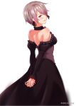  1girl backless_dress backless_outfit black_dress black_sleeves breasts brown_hair daidailong detached_sleeves dress frilled_dress frilled_sleeves frills grin hair_over_one_eye honkai_(series) honkai_impact_3rd long_sleeves looking_at_viewer looking_back mole mole_under_eye puffy_long_sleeves puffy_sleeves purple_eyes rita_rossweisse short_hair simple_background smile solo strapless strapless_dress teeth white_background 