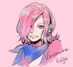  1girl blue_neckerchief character_name commentary_request curly_eyebrows dress headphones neckerchief one_piece pink_background pink_dress pink_eyes pink_hair short_hair simple_background smile solo vinsmoke_reiju xx_zslove 