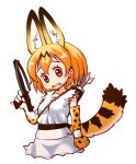  1girl animal_ear_fluff animal_ears apollo_(cheetahmen) apollo_(cheetahmen)_(cosplay) arrow_(projectile) between_breasts blonde_hair breasts cheetahmen commentary_request cosplay cropped_torso crossbow dougi elbow_gloves gloves hair_between_eyes holding holding_crossbow holding_weapon kaos kemono_friends looking_at_viewer open_mouth orange_eyes orange_gloves quiver serval_(kemono_friends) serval_print shirt short_hair simple_background sleeveless sleeveless_shirt solo strap_between_breasts tail weapon white_background white_gloves white_shirt 