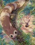  aisutabetao animal_focus black_eyes brown_fur commentary_request evolutionary_line furret highres leaf no_humans open_mouth pokemon pokemon_(creature) sentret sitting_on_branch solid_oval_eyes tail tree two-tone_fur 