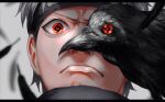  1boy angry bird black_bird black_hair chinese_commentary closed_mouth commentary_request crow forehead_protector furious highres ibuo_(ibukht1015) looking_at_viewer male_focus mangekyou_sharingan naruto_(series) naruto_shippuuden orange_eyes red_eyes sharingan short_hair solo uchiha_shisui 