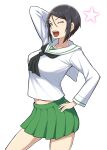  1girl ;d alternate_costume arm_behind_head arm_up black_eyes black_hair blouse chouno_ami cowboy_shot cropped_legs girls_und_panzer green_skirt hand_on_own_hip highres long_sleeves looking_at_viewer midriff midriff_peek miniskirt navel neckerchief one_eye_closed ooarai_school_uniform open_mouth pleated_skirt sailor_collar school_uniform serafuku shirt short_hair simple_background skirt smile solo standing star_(symbol) swept_bangs white_background white_sailor_collar white_shirt yougata 