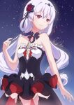  1girl bare_shoulders black_dress closed_mouth cowboy_shot dress flower frilled_dress frills hair_flower hair_ornament honkai_(series) honkai_impact_3rd long_hair night night_sky outdoors red_eyes red_flower red_rose rose shirt sky smile solo star_(sky) starry_sky strapless strapless_dress theresa_apocalypse theresa_apocalypse_(luna_kindred) twintails very_long_hair what_(artist) white_hair white_shirt 