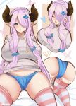 absurd_res accessory big_breasts big_butt blue_eyes blush blush_lines breasts butt camel_toe clothing female granblue_fantasy hair hair_accessory hair_over_eye hi_res horn horned_humanoid huge_breasts humanoid humanoid_pointy_ears legwear long_hair looking_at_viewer narmaya noiretox one_eye_obstructed open_mouth panties purple_hair signature sitting smile solo stockings sweater text thick_thighs topwear underwear