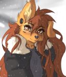 2024 anthro apogee_(tinygaypirate) brown_eyes brown_hair canid canine canis clothing domestic_dog ear_piercing female flesh_tunnel fur hair hi_res inner_ear_fluff jacket long_hair looking_at_viewer mammal one_ear_up piercing shirt snow solo tan_body tan_fur tinygaypirate topwear tuft winter