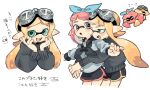  2girls :o arms_around_waist black_sailor_collar black_shorts black_sweater blonde_hair blue_eyes blush bow_hairband cropped_legs daidaiika dolphin_shorts fang goggles goggles_on_head hairband hug hug_from_behind inkling_girl inkling_player_character long_sleeves multiple_girls open_mouth pink_hair pointy_ears purple_eyes sailor_collar short_shorts shorts simple_background splatoon_(series) sweater tentacle_hair white_background 