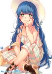  absurdres artist_name bag blue_hair blush bottle bracelet cross-laced_footwear earrings green_eyes hat heart heart_earrings high_heels highres jewelry light_smile long_hair miyata_souji original sandals sitting solo straw_hat water_bottle 