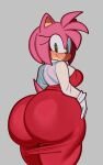 amy_rose anthro big_butt blush breasts butt butt_focus clothing dress eulipotyphlan eyelashes female fiinel fur green_eyes grey_background hair hedgehog hi_res huge_butt looking_at_butt looking_back mammal medium_breasts pink_body pink_fur pink_hair pink_tail red_clothing red_dress sega shirt simple_background smile solo sonic_the_hedgehog_(series) tail thick_thighs topwear white_clothing white_shirt white_topwear wide_hips