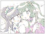  2girls :d bare_shoulders blue_eyes blunt_bangs braid commentary_request crown face-to-face folded_fan folding_fan green_hair hanazono_shuka hand_fan hand_up holding holding_fan idol_time_pripara long_hair multiple_girls nanafushi_sodatsu open_mouth pale_color ponytail pretty_series pripara purple_eyes purple_hair simple_background smile tsukikawa_chili two_side_up white_background 
