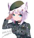  animal_ears black_choker blue_eyes choker dog_ears highres korean_text looking_at_viewer medium_hair military_uniform multiple_hairpins original salute simple_background uniform wang0424 white_background white_hair 