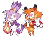  1boy 1girl animal_ears blaze_the_cat brown_fur bubsy bubsy_(character) cat_boy cat_ears cat_girl cat_tail cylent_nite fire forehead_jewel fur-trimmed_gloves fur_trim furry furry_female furry_male gloves heart heart-shaped_eyes jacket pants ponytail purple_fur purple_jacket sonic_(series) sweatdrop tail white_gloves white_pants yellow_eyes 