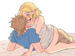  1boy 1girl aorin_(riley17_a) blonde_hair blush braid brown_hair brown_pants clothed_sex covered_penetration crown_braid earrings hetero highres implied_sex jewelry link pants pointy_ears princess_zelda short_hair sweat the_legend_of_zelda the_legend_of_zelda:_tears_of_the_kingdom 