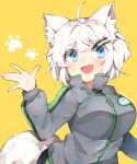  absurdres animal_ears black_choker blue_eyes choker dog_ears dog_tail highres korean_text looking_at_viewer medium_hair military_uniform multiple_hairpins original simple_background tail uniform wang0424 white_hair yellow_background 