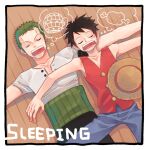  2boys aco_peda arm_pillow bandana bandana_around_arm beer_mug black_bandana black_eyes black_hair black_pants blue_shorts boned_meat closed_eyes cowboy_shot cup earrings english_text food from_above green_hair haramaki hat image_in_thought_bubble jewelry lying male_focus meat monkey_d._luffy mug multiple_boys on_back one_piece open_mouth pants red_vest roronoa_zoro scar scar_on_cheek scar_on_face shirt short_hair shorts side-by-side sideburns single_earring sleeping sleeping_on_person straw_hat unworn_headwear vest white_shirt 