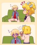  1boy 1girl 5.5 blonde_hair blue_jacket border bow brother_and_sister commentary_request couch facing_away hair_bow holding holding_phone idol_time_pripara jacket long_sleeves multiple_views notice_lines on_couch open_mouth pants phone prank pretty_series pripara profile purple_eyes red_shirt shirt short_hair siblings sitting sleep_mask sleeping sleeping_upright taking_picture translation_request two_side_up upper_body white_pants yellow_border yumekawa_shogo yumekawa_yui 